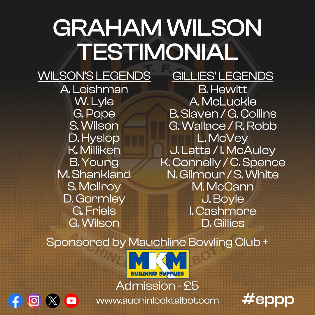 🎖️This Sunday we welcome Graham Wilson back to Beechwood Park for his long awaited testimonial match!

Both squads are packed with Talbot Legends as we celebrate Grahams decade with us.

Sponsored by MKM &amp; Mauchline Bowling Club - £5 admission

14:00KO

#eppp