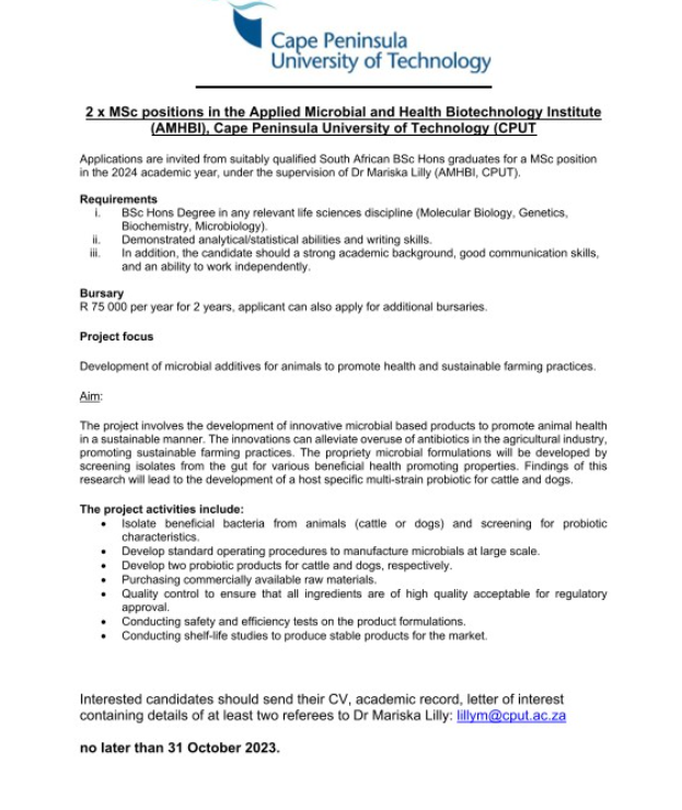 2 MSc Students needed at CPUT.
