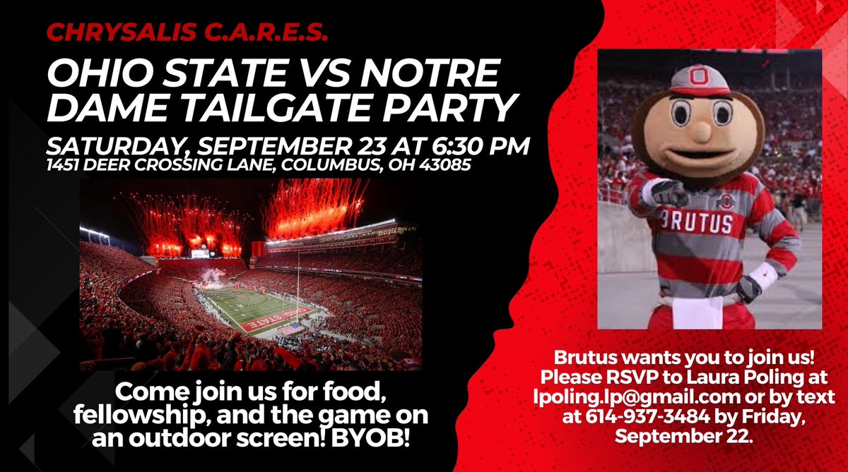 ChrysalisCARES's tweet photo. Hi All! 👋 As we officially have started the college football season! The Chryslais CARES Community is wanting to gather to tailgate for the Ohio State vs Notre Game on Saturday, September 23 at 6:30 pm. Invite your friends and family to gather as a community! https://t.co/x9g7wCTDFH