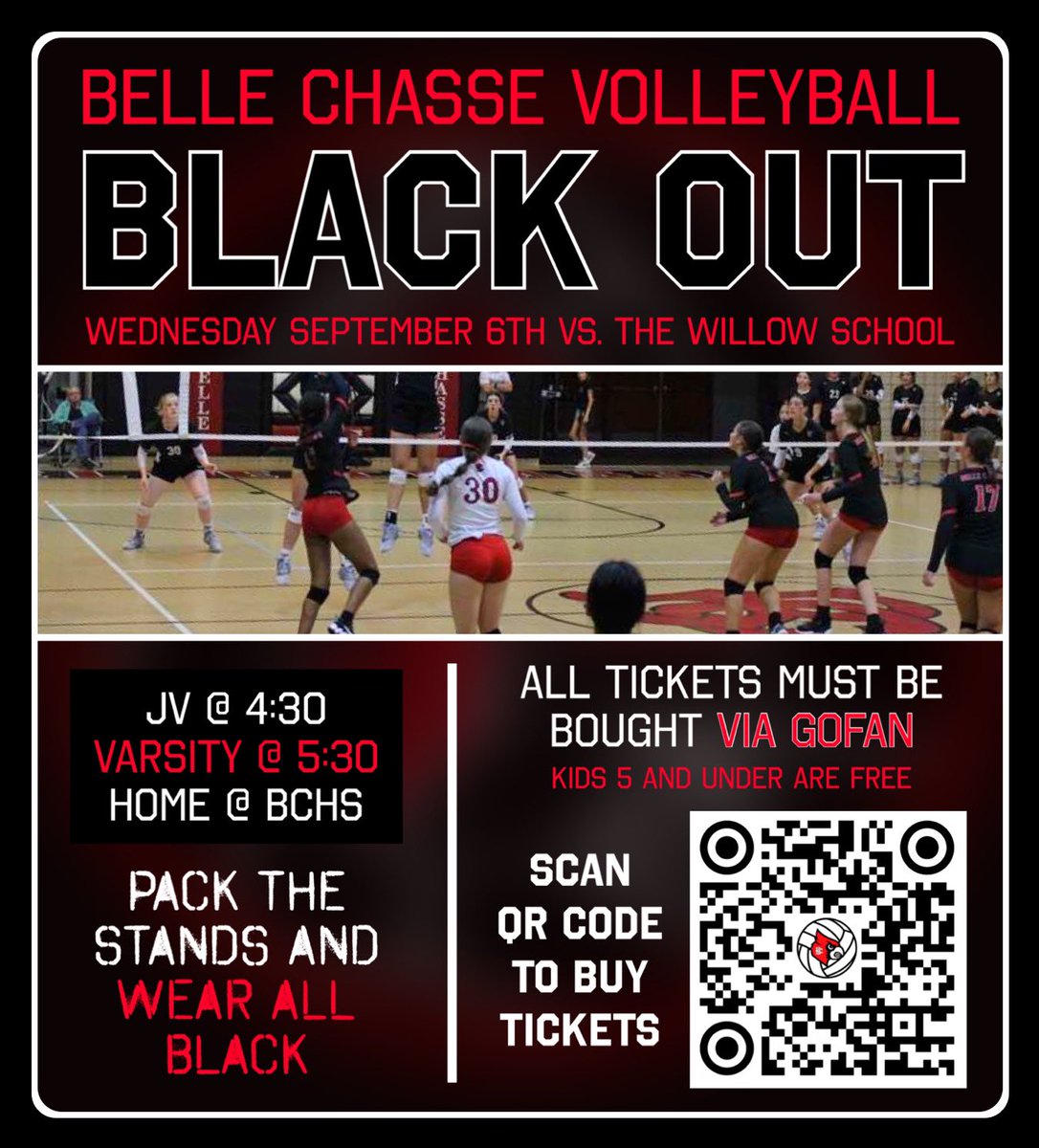 BelleChasseVB's tweet photo. WEDNESDAY. BLACK OUT. BE THERE. 

Head to the BCHS Gym this Wednesday to help us black out the stands in our game against Willow! Get your tickets on GoFan, and help spread the word. BE THERE!! 🖤 https://t.co/c9pGOAS4QP
