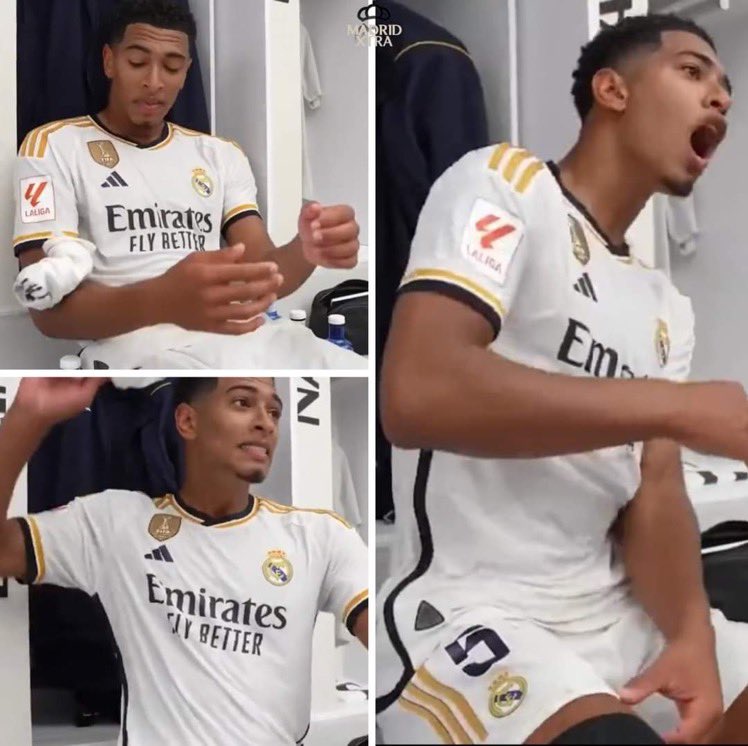 fakefutt's tweet photo. Bellingham en el vestuario después de su gol ante el Getafe: "VAMOOOOS"

Esto si que pasión por un club

Aprende @KMbappe 

#Bellingham https://t.co/dzSbaFznec