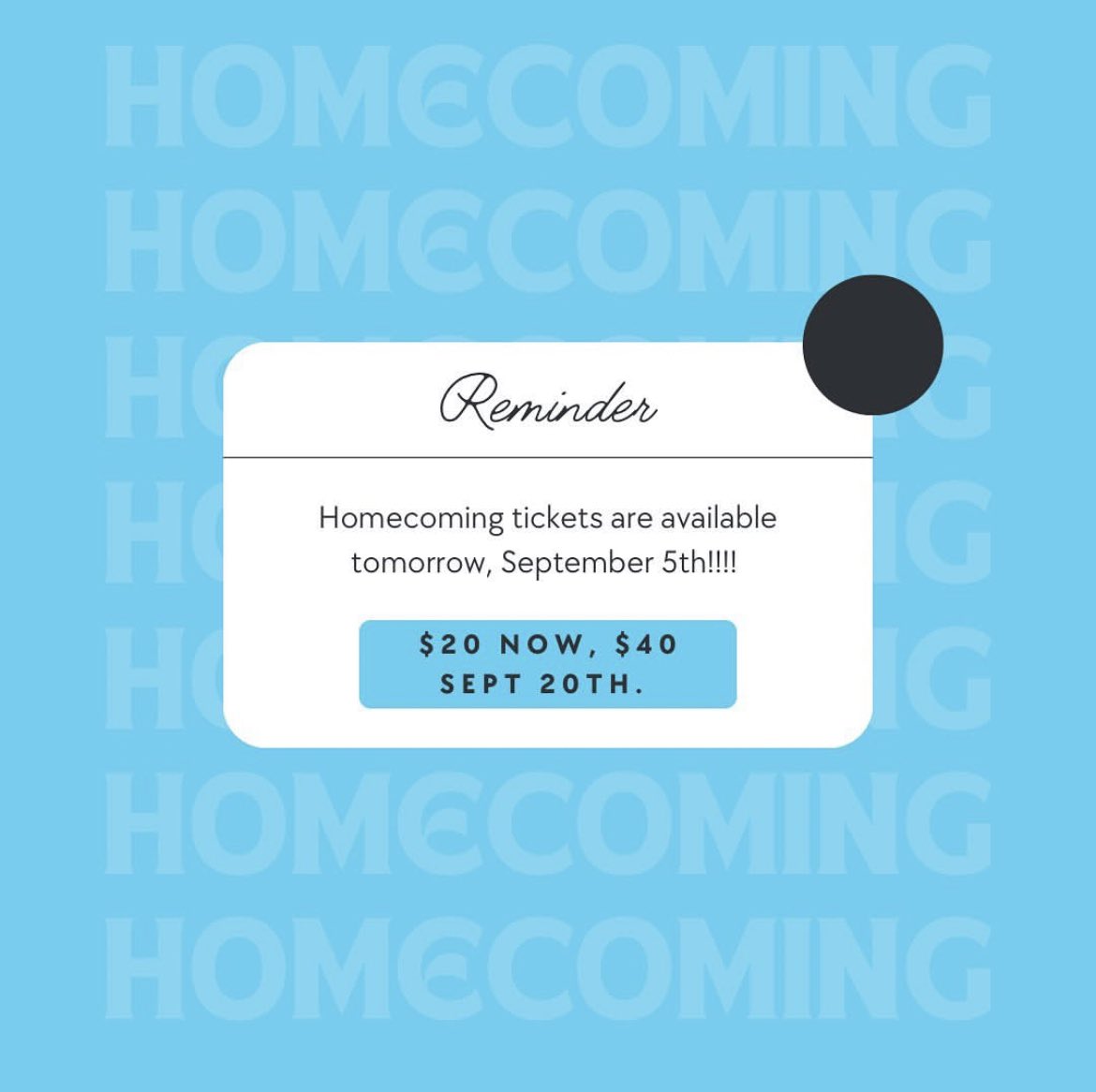 Homecoming 2023 tickets are available starting tomorrow, September 5th in powerschool. They are $20 each, however the price will raise to $40
September 20th, so make sure to get them early!!!🐻💙🩵