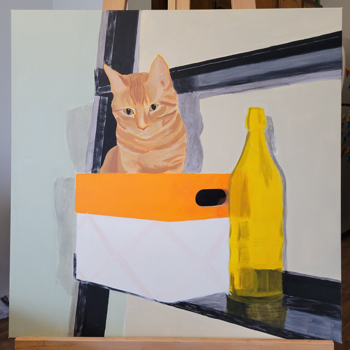 zpakrueger's tweet photo. Painting end of Day 3. I'm sorry I never took a picture of day 2's work. Mostly it was just more color blocks including a neon orange cat. The cat still needs a LOT of work, and I'm running into my usual problem of not being good at doing color and value at the same time. https://t.co/0Qljc9s1ya