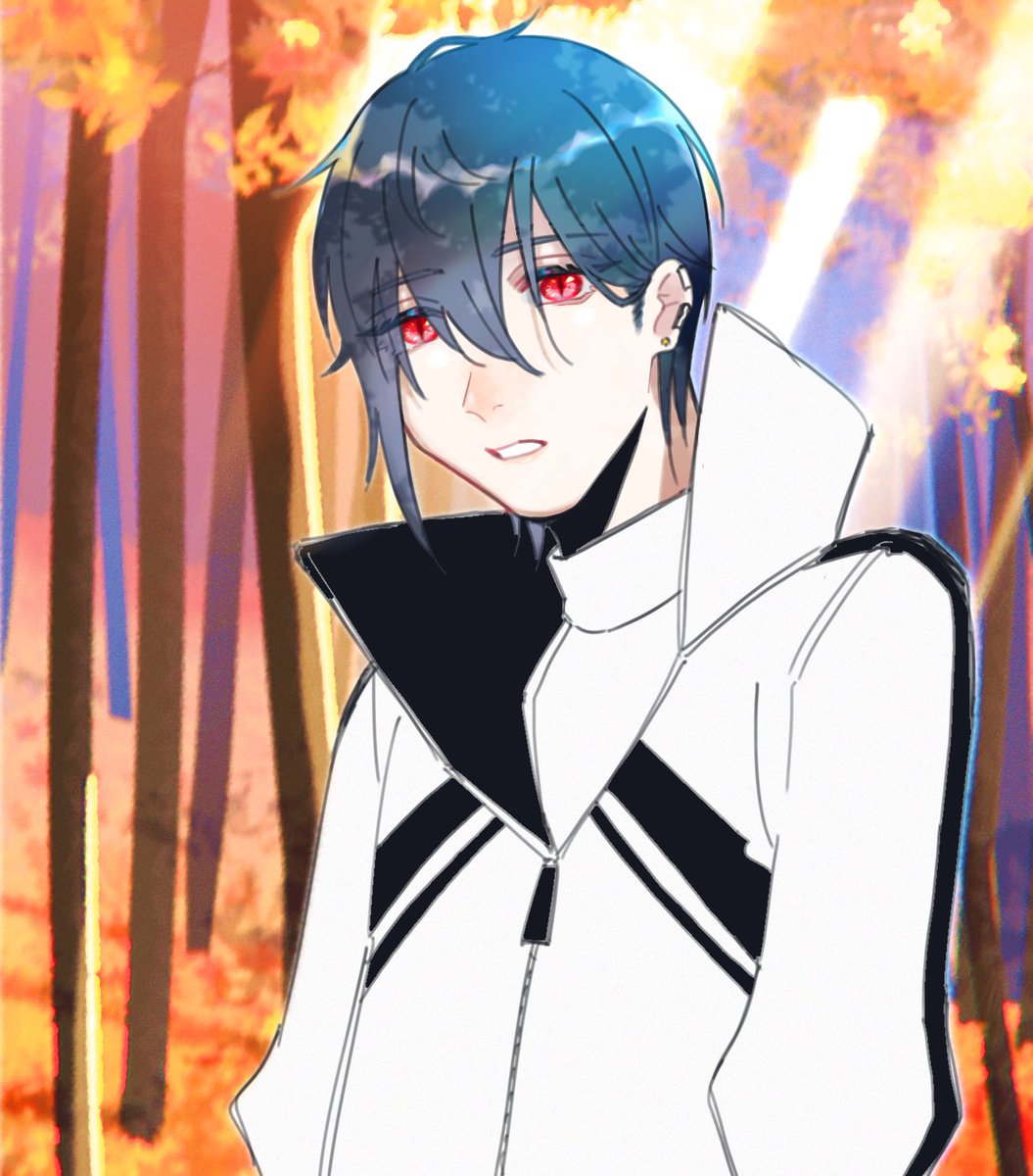 red eyes solo 1boy male focus blue hair jacket earrings  illustration images