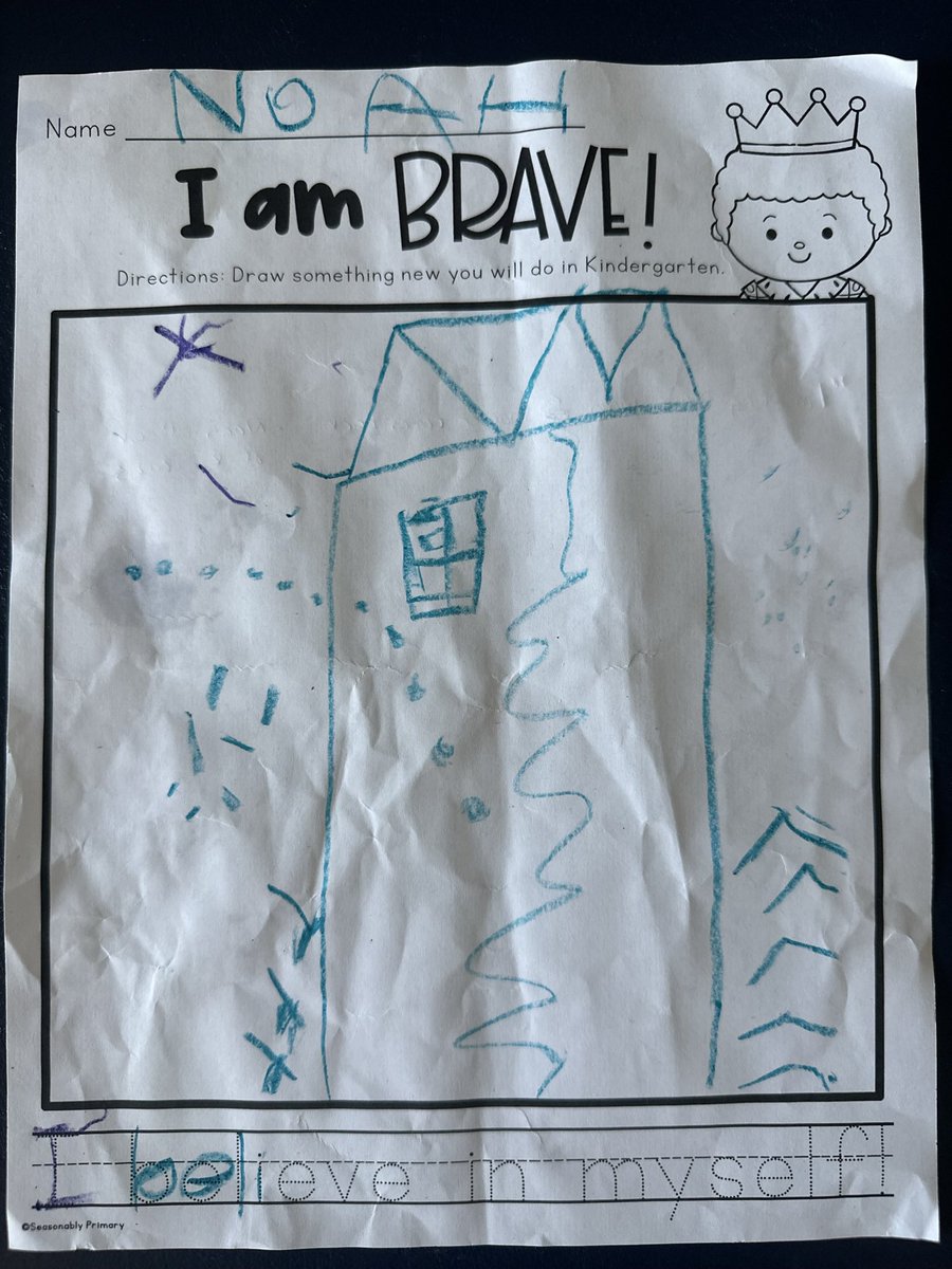 SarahShoop33's tweet photo. Found this in my son’s folder “draw something new you’ll do in Kindergarten”. I thought it was Rapunzel’s hair going down the castle with the king. He said “no mommy, it’s me being brave hiding when a shooter comes again.” Wake up America. We NEED change https://t.co/jVeC4fW4ZQ