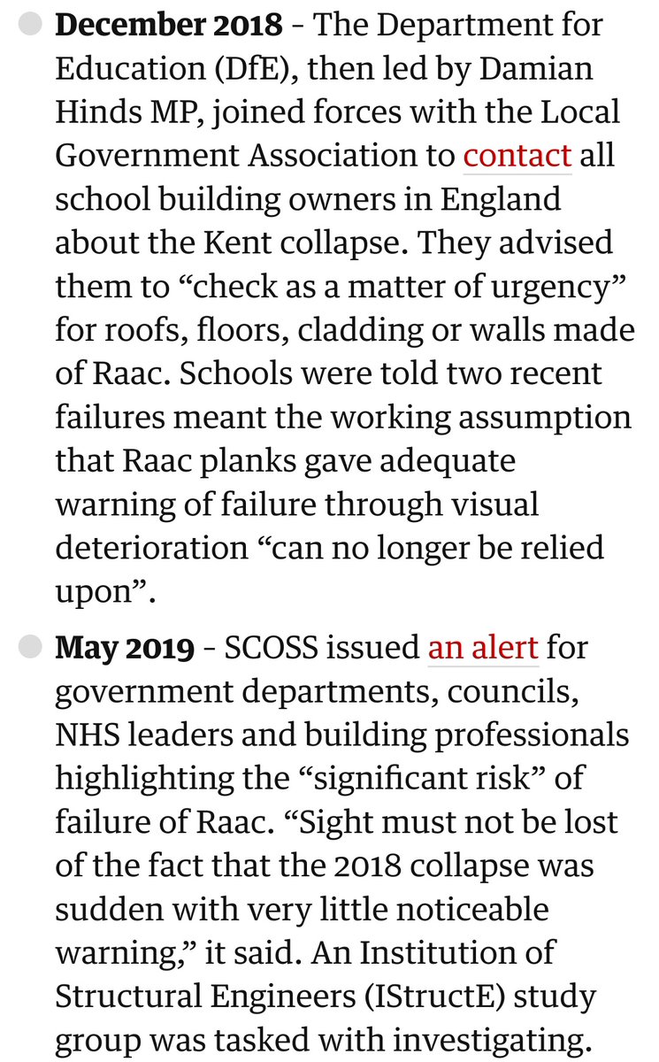 tweetcmw's tweet image. &apos;September 2022 – the Cabinet Office’s property arm told all Whitehall property leaders: “Raac is now life-expired and liable to collapse.”&apos;

A timeline...
theguardian.com/uk-news/2023/s…