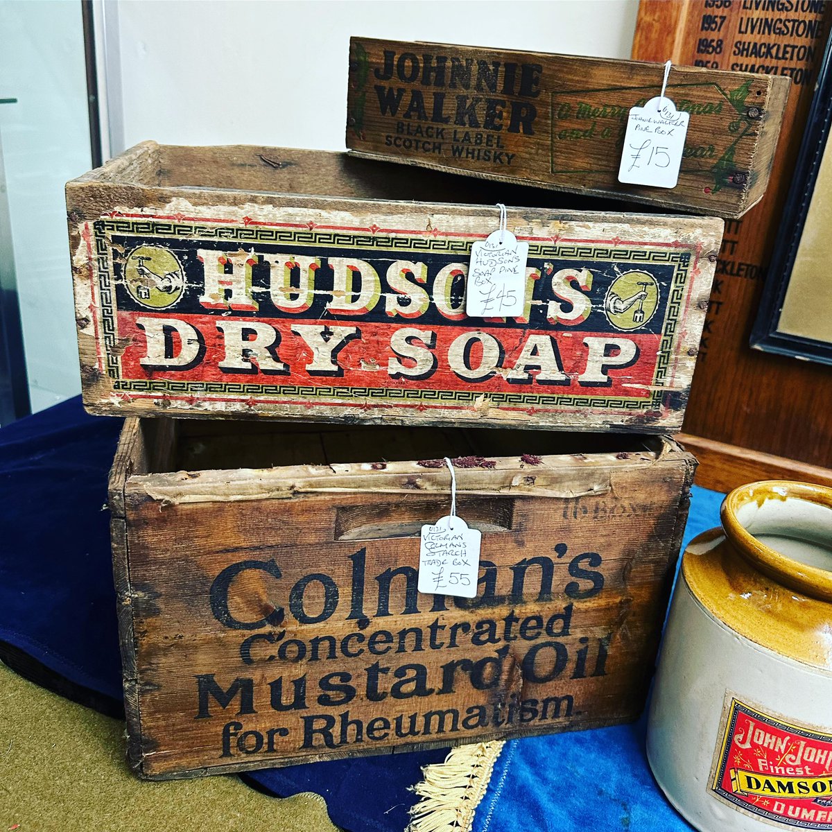 Vintage advertising boxes are a great answer to stylish storage,perfect in the kitchen/bathroom. 
#vintageadvertising #colmansmustard #hudsonssoap #johnniewalker #boxes #crates #kitchen #bathroom #astraantiquescentre #hemswell #lincolnshire