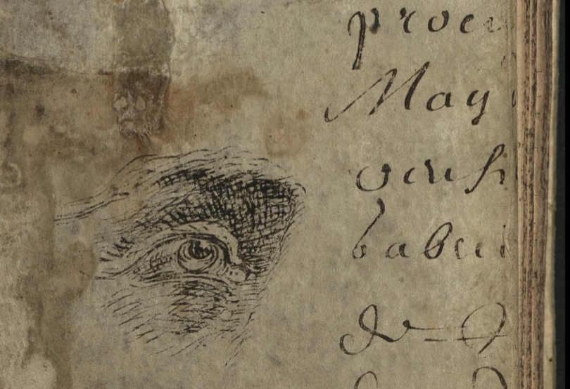 Manuscrit de la médiathèque d'Orléans, MS 1032
Dessins sur couverture en parchemin (les pages intérieures sont en papier), XVIIe siècle