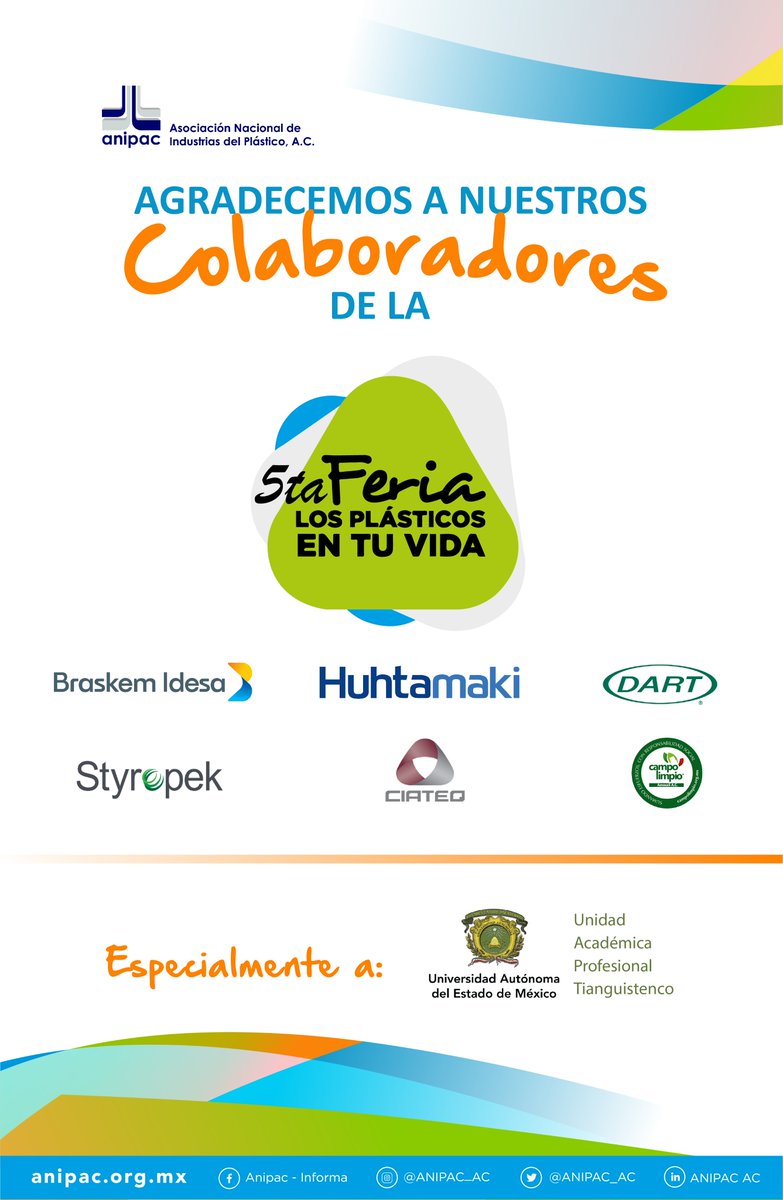 ANIPAC_AC's tweet photo. Agradecemos a nuestros Colaboradores de la 5a Feria de los Plásticos en tu VIda
@BraskemIdesa @HuhtamakiGroup #Dart #Styropek @CiateqMX #CampoLimpioAmocali
Y especialmente a la #UAEMéx unidad Académica Profesional Tianguistenco. https://t.co/ej2xrme6Cg