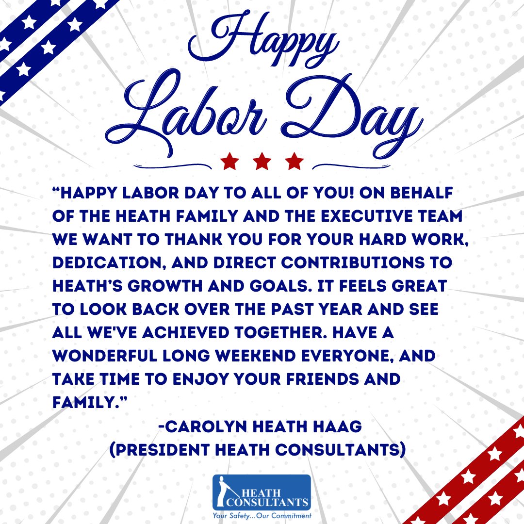 Today, Heath Consultants recognizes and honors all the incredible working individuals who strive to make our environment safer! 

A special message from Heath Consultants President Carolyn Heath Haag.

"Your Safety...Our Commitment"

#LaborDay #ThankYou #LaborDay2023