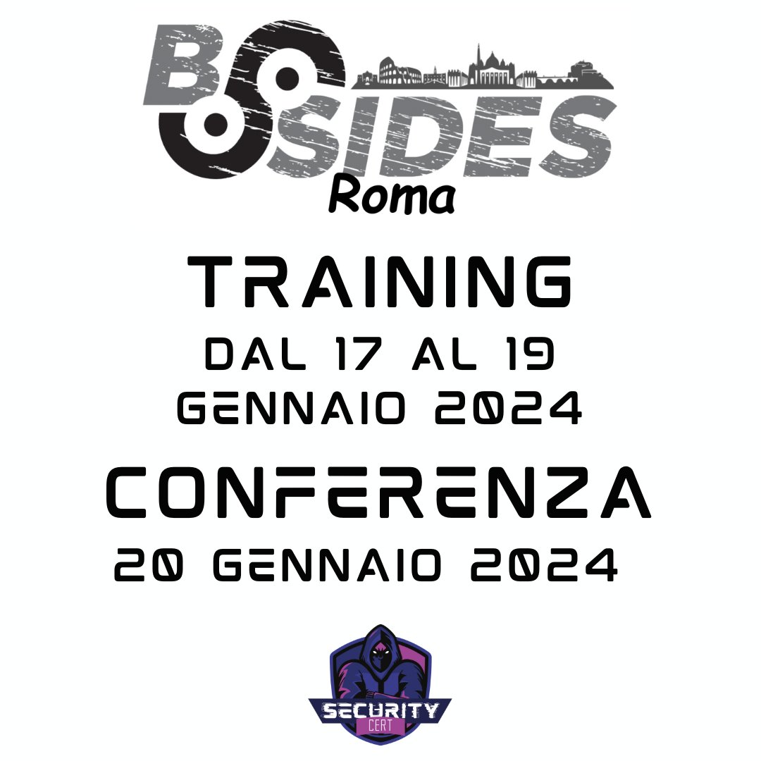 📌 Save the date #BSidesRoma!

Scopri i training dal 17 al 19 gennaio 2024
👉 eventbrite.it/e/securitybsid…

E non perdere l'occasione di essere alla conferenza
👉 eventbrite.it/e/securitybsid…

Noi ci saremo e tu?

#cybersecurity #bsides #conference #Training 
@BSidesRoma @SecurityBSides