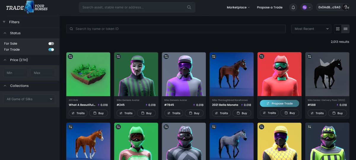 List your <a href="/zed_run/">zed_run</a> or <a href="/gameofsilks/">Game of Silks</a> horses/assets for #sale and receive #offers or #trades from your peers

👉Sign in to our website on the profile
👉Set up your stable with a name &amp; email
👉Receive offers in your 'inbox'

Let's go

#racehorse #marketplace #Ethereum #Web3Gaming