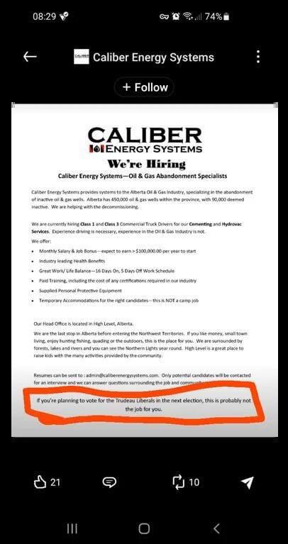 This is not a good look and completely unacceptable...especially for an employer owned by Indigenous, who accepted federal funds to hire. The ironic hypocrisy 🤦🏼‍♀️ NEVER let your employer tell you who you are going to vote for, EVER. #Treaty8 #HighLevel #cdnpoli #ableg #abpoli