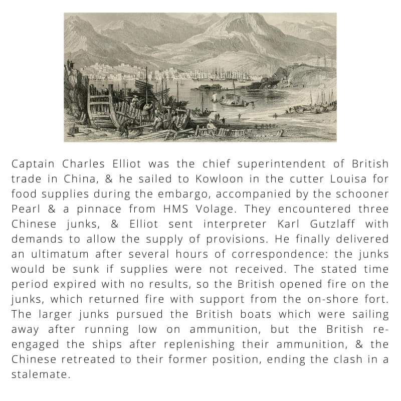 BritishHistorym's tweet photo. #otd 4 September 1839 – Battle of Kowloon: British vessels open fire on Chinese war junks enforcing a food sales embargo on the British community in China in the first armed conflict of the First Opium War.

#FirstOpiumWar #Royalnavy #Britishhistory  #onthisdayinhistory https://t.co/SiXEoaEUhY
