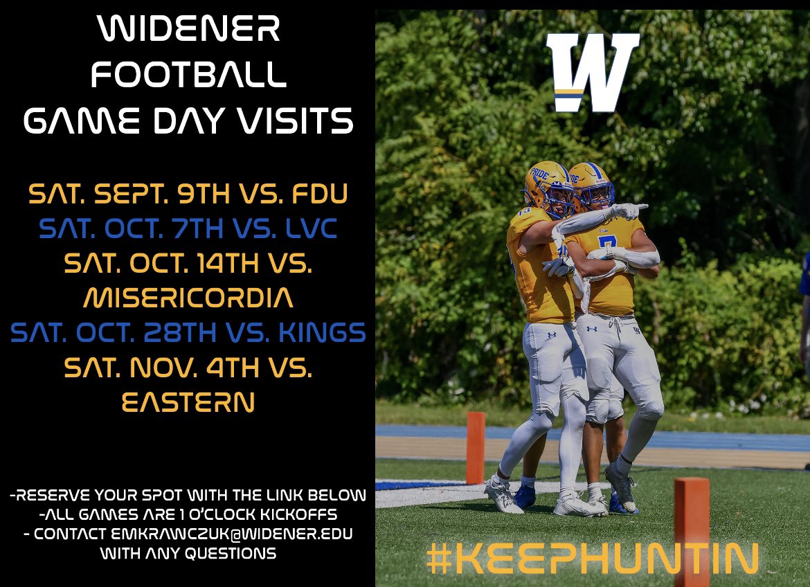 Widener Football (@widener_fb) on Twitter photo 🚨Class of 2024🚨
We have 5 more opportunities for you to come see the 20x MAC champions in action and to see our beautiful campus here <a href="/WidenerUniv/">Widener University</a> !! Use the link below to reserve your spot!!
#KeepHuntin
docs.google.com/forms/d/1aqwoW… 🚨Class of 2024🚨
We have 5 more opportunities for you to come see the 20x MAC champions in action and to see our beautiful campus here <a href="/WidenerUniv/">Widener University</a> !! Use the link below to reserve your spot!!
#KeepHuntin
docs.google.com/forms/d/1aqwoW…