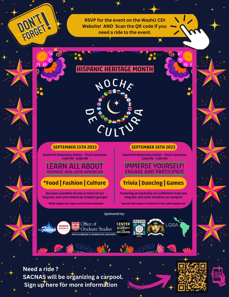 Celebrate Latiné and Hispanic Heritage at WashU's Noche de Cultura! 🎉 this 2 night event will be a great start to the weekend and an oppronuity to learn, make friends, and immerse yourself. RSVP can be found at linktr.ee/wustl_sacnas