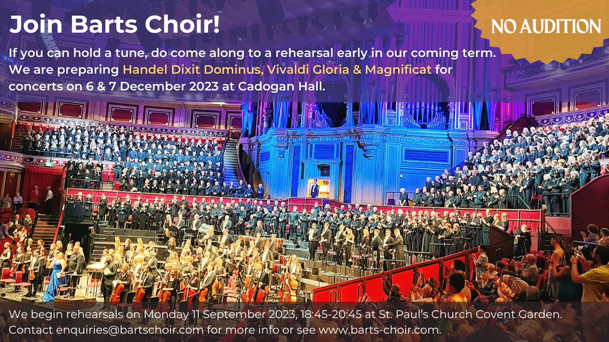 Join us for a rehearsal at St. Paul's Church, Covent Garden on 11/09 to try us out! There is no audition to join but we do achieve a high standard of performance so if you've a good ear for music, do come along barts-choir.com/about-us/faqs-…. Contact enquiries@bartschoir.com for more..
