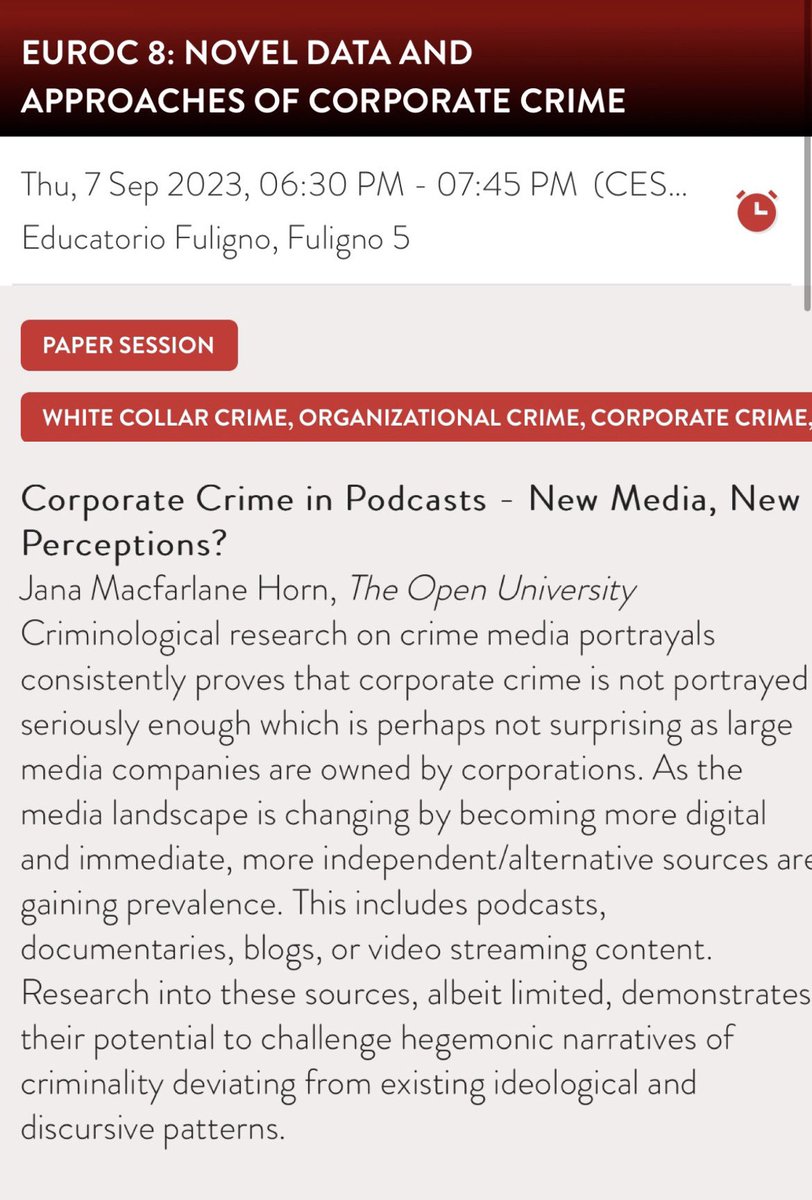 Can’t wait to present some more thesis findings at @esc_eurocrim on Thursday - come see me (& other brilliant heads) talk about #corporatecrime in #podcasts! @OU_SocPolCrim #eurocrim2023