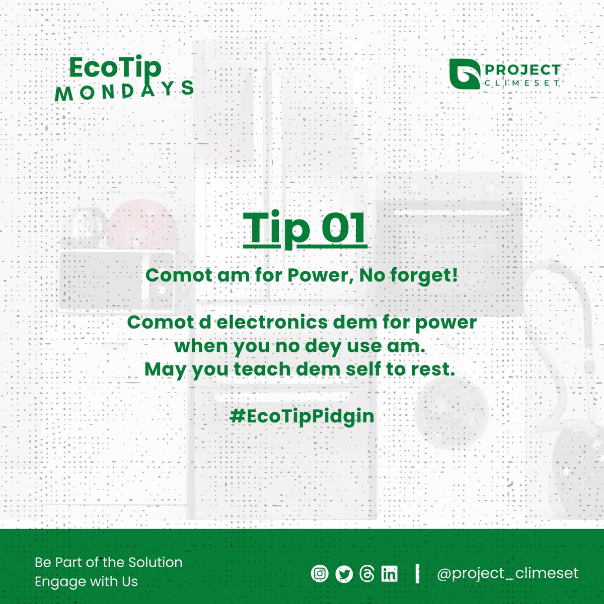 ProjectClimeset's tweet photo. Na small thing wey you fit do, e go fit helep our planet wela π
Make you energize ya week the eco-way!
#ProjectClimeSet #EcoTipMondays #ClimateEducation #ClimateAction https://t.co/VtqB7ZHQGz