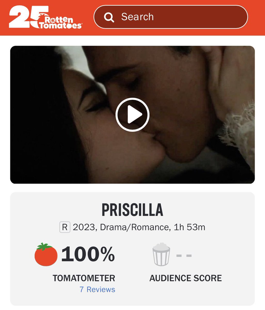FilmUpdates's tweet photo. Sofia Coppola’s ‘PRISCILLA’ starring Cailee Spaeny and Jacob Elordi debuts to a perfect score of 100% on Rotten Tomatoes. https://t.co/DxGFLgi46q