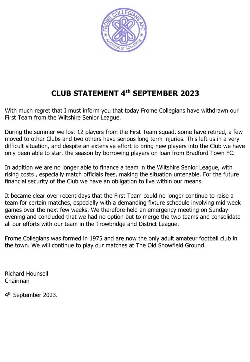 Frome Collegians AFC - Club Statement