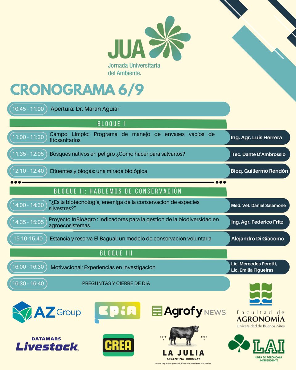 Línea Agronomía Ind. (@agro_lai) on Twitter photo En el segundo bloque de la #JUA 2023, "Hablemos de Conservación", contaremos con la presencia de <a href="/DanielSalamone/">Daniel Salamone</a>, <a href="/FedeFritz/">Federico Fritz</a> y Alejandro Di Giacomo.
Los esperamos a todos en la Facultad de Agronomía de la UBA o de forma virtual, previa inscripción: forms.gle/D77cLahNUt36Mj… En el segundo bloque de la #JUA 2023, "Hablemos de Conservación", contaremos con la presencia de <a href="/DanielSalamone/">Daniel Salamone</a>, <a href="/FedeFritz/">Federico Fritz</a> y Alejandro Di Giacomo.
Los esperamos a todos en la Facultad de Agronomía de la UBA o de forma virtual, previa inscripción: forms.gle/D77cLahNUt36Mj…