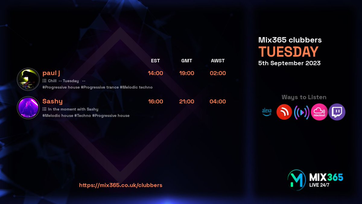 Mix365R's tweet photo. Tomorrows line up starting with paul j, Tuesday 5th September 2023. Catch the live streams at https://t.co/Sr8yYnDOqt

19:00 - paul j

21:00 - sashy

#Progressivehouse #Progressivetrance #Melodictechno #Melodichouse #Techno https://t.co/JWSHL9kxSk