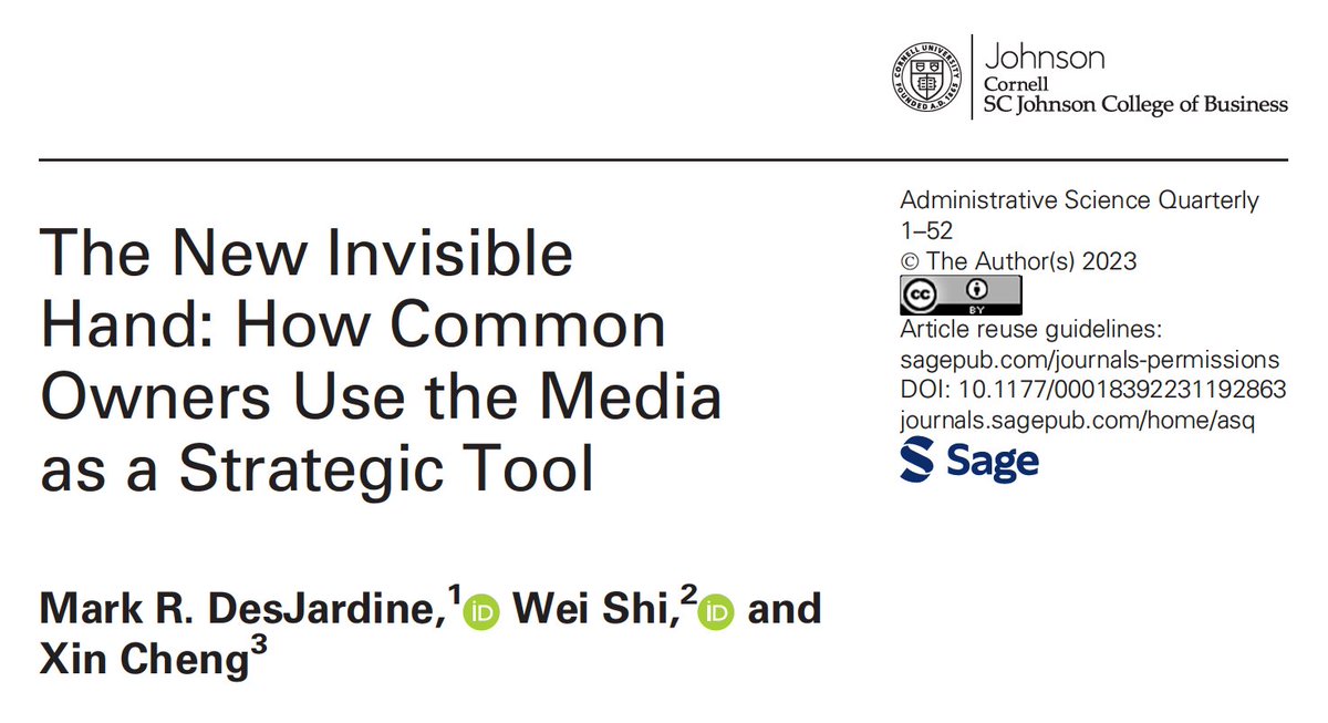 ASQ Journal (@asqjournal) on Twitter photo Research on a “new invisible hand” by <a href="/DesjardineMark/">Mark DesJardine</a>, Wei Shi (<a href="/univmiami/">University of Miami</a>), and Xin Cheng investigates the strategic consequences of media–rival common ownership.
journals.sagepub.com/doi/10.1177/00… Research on a “new invisible hand” by <a href="/DesjardineMark/">Mark DesJardine</a>, Wei Shi (<a href="/univmiami/">University of Miami</a>), and Xin Cheng investigates the strategic consequences of media–rival common ownership.
journals.sagepub.com/doi/10.1177/00…