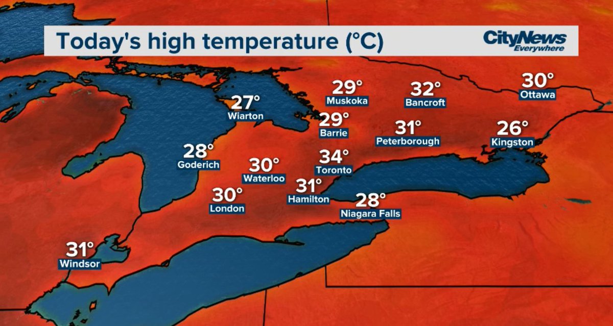 micheenelson's tweet photo. Hottest day of the year at Toronto Pearson. We hit 34 degrees. It feels closer to 41. Heat warning remains in place for Southern Ontario @CityNewsTO

Expect very hot and humid conditions for the return to school this week. You high tomorrow will be 33°C. Humidex 41 🌞 https://t.co/j9iPkHHGBF