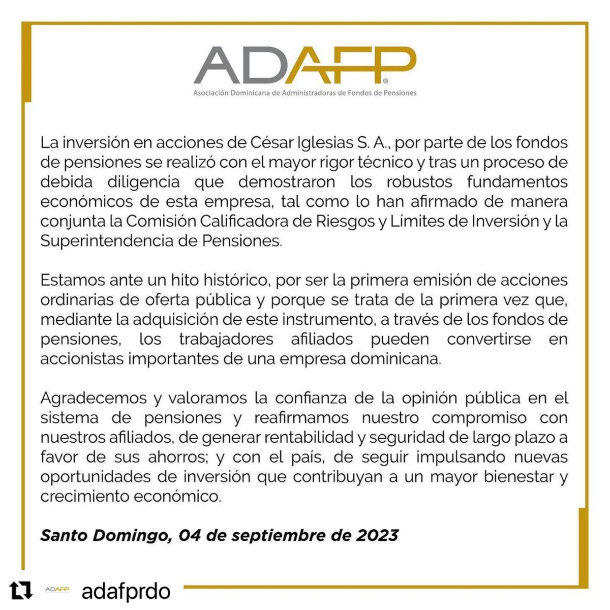 #Repost <a href="/adafprdo/">ADAFP RD</a> en Instagram

Comunicado a nuestros afiliados y al país #ADAFP