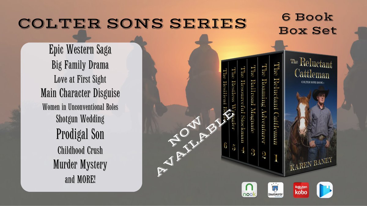 Save 54% by buying box set!
Colter Sons Series Box Set by Karen Baney
karenbaney.com/colter-sons-se…

#western #prodigalsonstory #cowboyromance #cowboyromances #shotgunwedding #childhoodcrush #romancereads #christianhistoricalromance #nook #barnesandnoble #kobo #smashwords #googlebooks