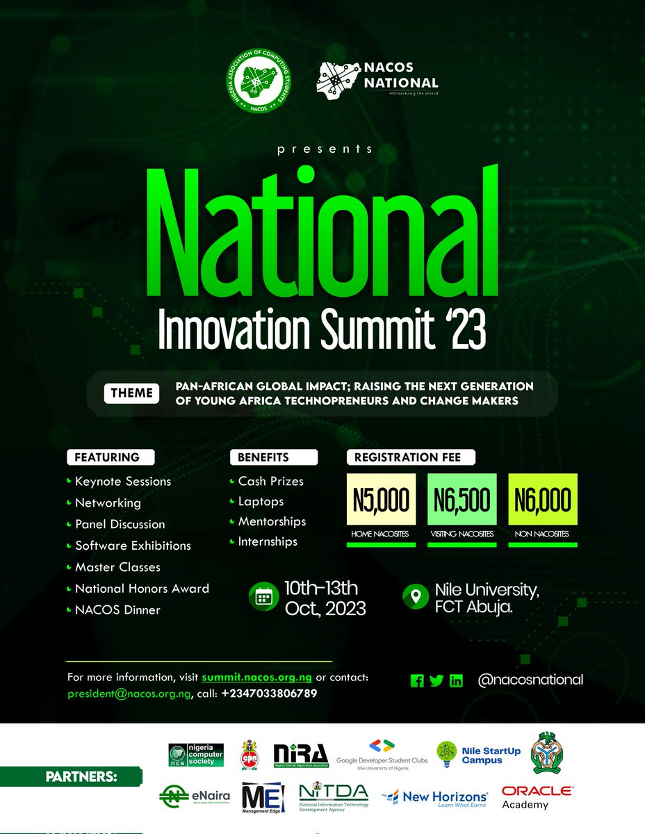Registration has resumed for the forthcoming NACOS National Innovation Summit scheduled to take place on 10th-13th October 2023 at Nile University Abuja.

Register now at summit.nacos.org.ng

Limited Tickets Available ✅