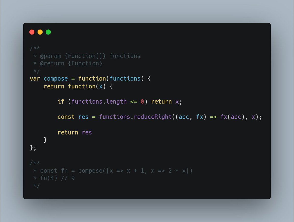 Day: 4
The first function, compose, takes an array of functions as input and returns a new function. 
#AlgorithmSeptember #WebDevelopment #JavaScript #Algorithms #Careerwise #AlgoSept #RebaseAcademy #30daysAlgo