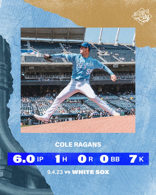 Cole Ragans’ pitching line for September 4 vs. the Chicago White Sox:
6.0 innings pitched, 1 hit, 0 runs, 0 walks, 7 strikeouts. 

Pictured:
Cole Ragans mid-pitching delivery at Kauffman Stadium. (Photo by Jason Hanna/Kansas City Royals)