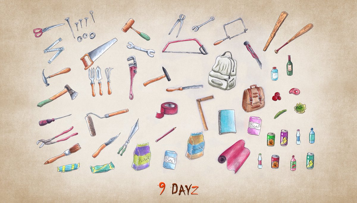 HumaneTiger1's tweet photo. Collection of survival tools and loot. #handdrawn #gameart #2dassets https://t.co/USpNIyLz7M #indiedev #IndieGameDev #zombiegame #handdrawn #gameart https://t.co/yCLViVocBr