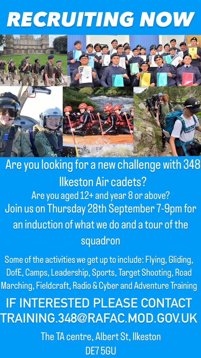 Are you looking for a new challenge? 348 Ilkeston Air cadets have an open evening on the 28th September 7-9pm!

Please come down and join us to see what we get up to and meet some new friends! 
<a href="/IlkestonLife/">Ilkeston Life</a> <a href="/ErewashBC/">Erewash BC</a> <a href="/IlkestonTiser/">Ilkeston Advertiser</a>