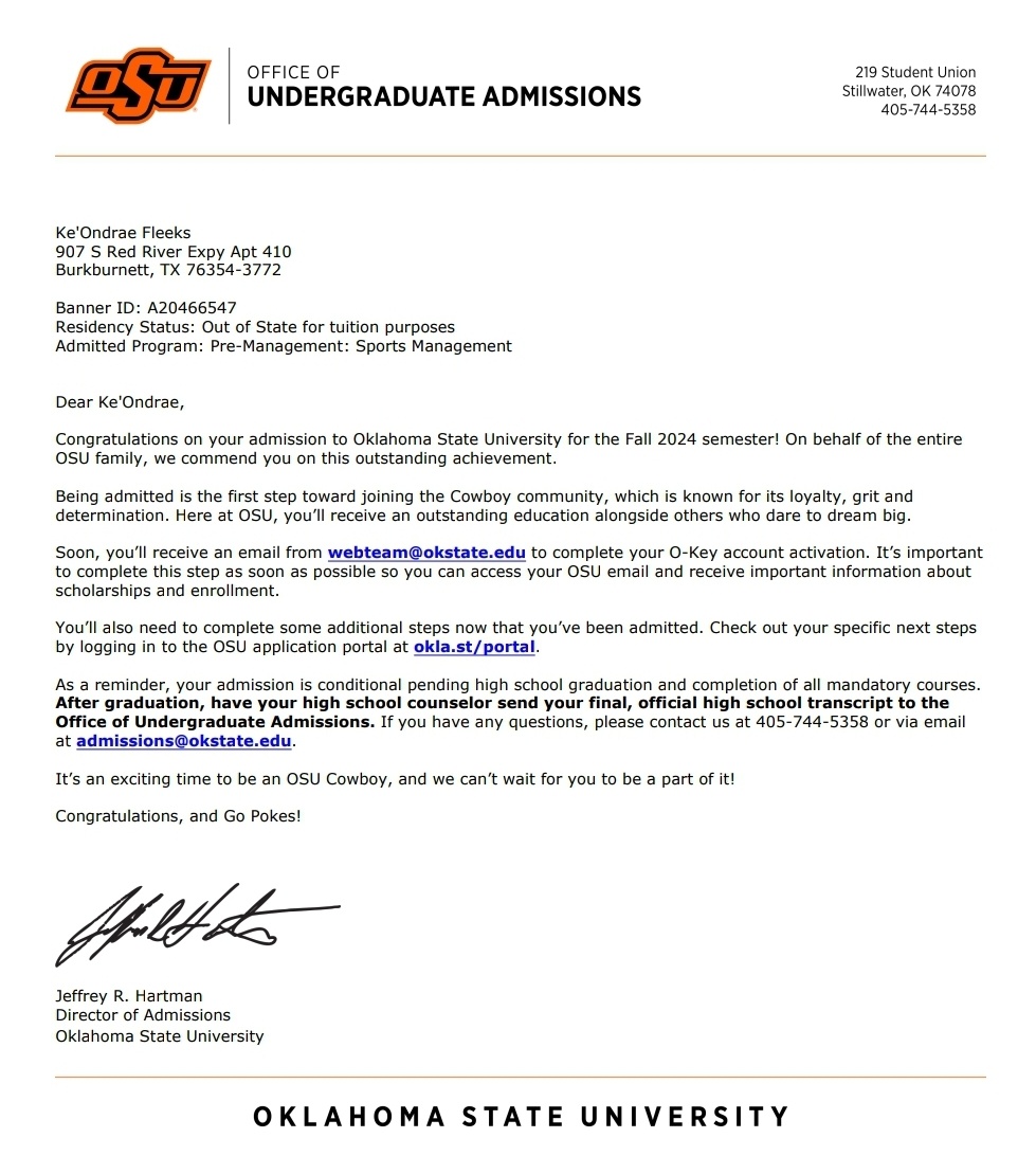 I have applied and been accepted into my first college that I have initially applied for. 
My journey isn't over yet and there is work to be done! Quite a few more applications are in works.

God will lend his grace to me on this journey🤠
<a href="/okstate/">Oklahoma State Univ.</a>
<a href="/CowboyFB/">OSU Cowboy Football</a>
