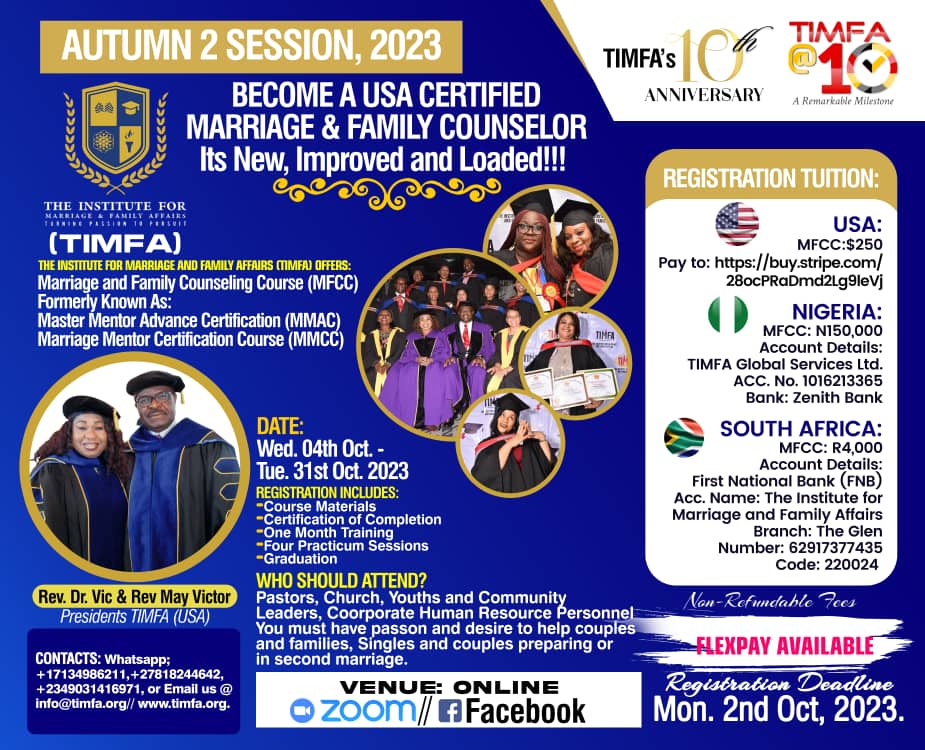 Timfaorg's tweet photo. Enroll to become a USA-Certified Marriage and Family Counselor. Gain the skills to help couples communicate 😊, and through this introspection into marriage and separation 💔, save your own community 🌍.
Sign up today: https://t.co/llUlJjbg8O
#couplesgoals #marriage #TIMFA https://t.co/1X1ziaWIWS