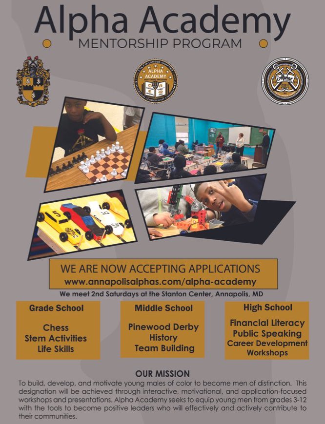Looking for a mentoring program for your scholars, children, youth and etc.  Sign them up for Alpha Academy with the Eta Eta Lambda Chapter of Alpha Phi Alpha Fraternity, Inc.  annapolisalphas.com/alpha-academy. <a href="/apa1906NETwork/">Alpha Phi Alpha Fraternity, Inc. ®</a> <a href="/AACountySchools/">AACPS</a> <a href="/MdPublicSchools/">Maryland State Department of Education</a>