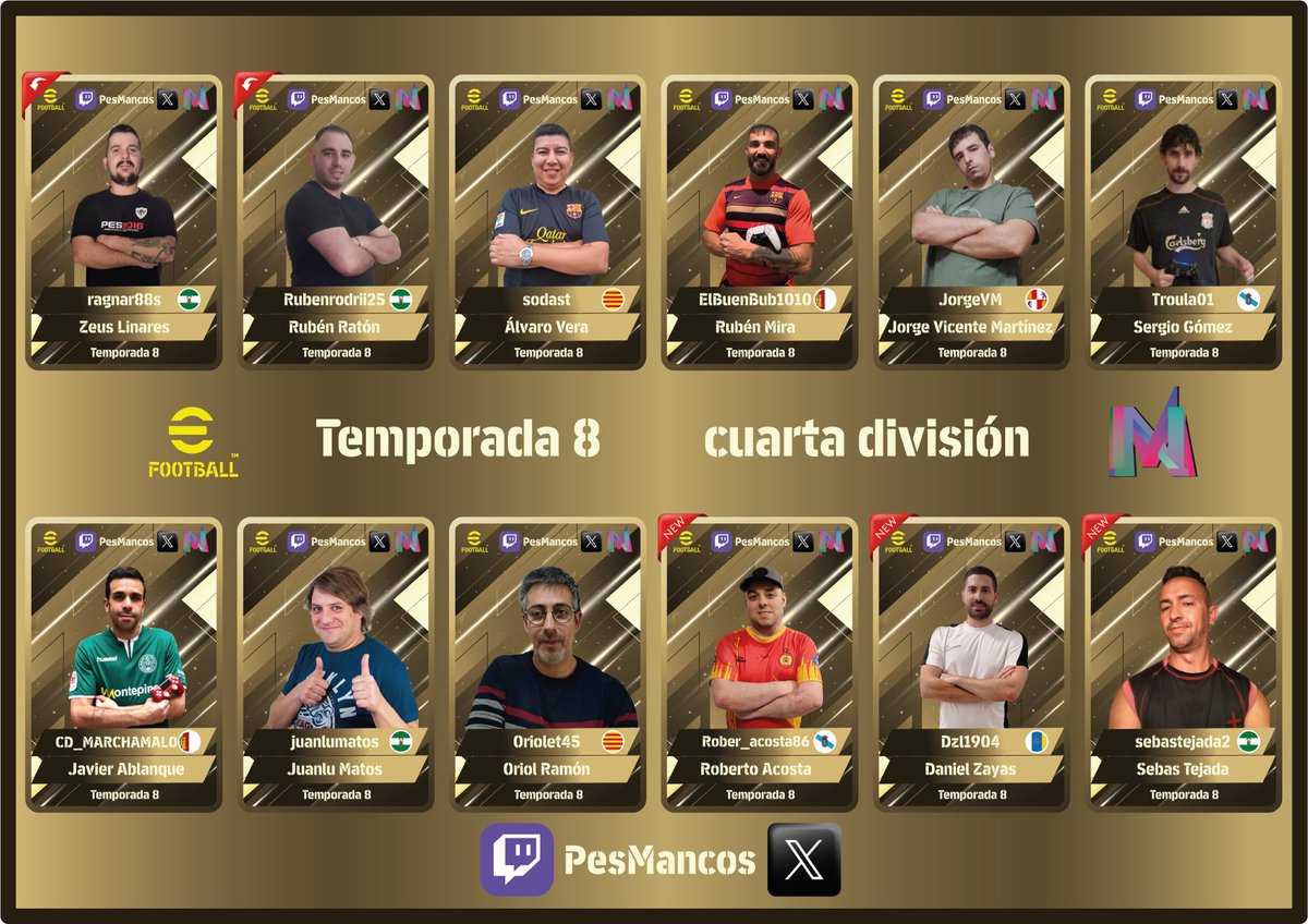 Comenzamos las presentaciones de la Temporada 8 de Pesmancos, donde tendremos 4 divisiones.

Division 4
<a href="/ZeusLinares24/">GOLES EFOOTBALL2o23</a> 
<a href="/Rubenrrg22/">Ruben</a> 
<a href="/sodast27/">sodast</a> 
<a href="/ElBuenBub1010/">🎧⚽️🎮❄️BuB🔥♎️🎾♠️</a> 
<a href="/JorgeVicenteMar/">JorgeVicenteMartínez</a> 
#Troula01
<a href="/caminero87/">⚽️</a> 
#juanlumatos
<a href="/oriol_ramon/">Oriol ramon toran</a> 
<a href="/Rober_acosta86/">Roberto</a> 
<a href="/dzlpua/">Dzl1904</a> 
<a href="/sebollino4343/">sebollino4343@gmail.com</a>