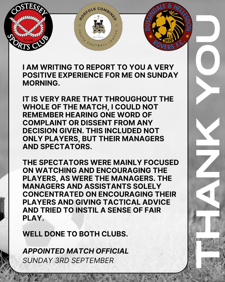Thank you and well done to both Costessey Sports F.C. U15 Falcons and Dussindale &amp; Hellesdon F.C. U15 Clarets for their behaviour and conduct this weekend 👍 #norfolkfootball