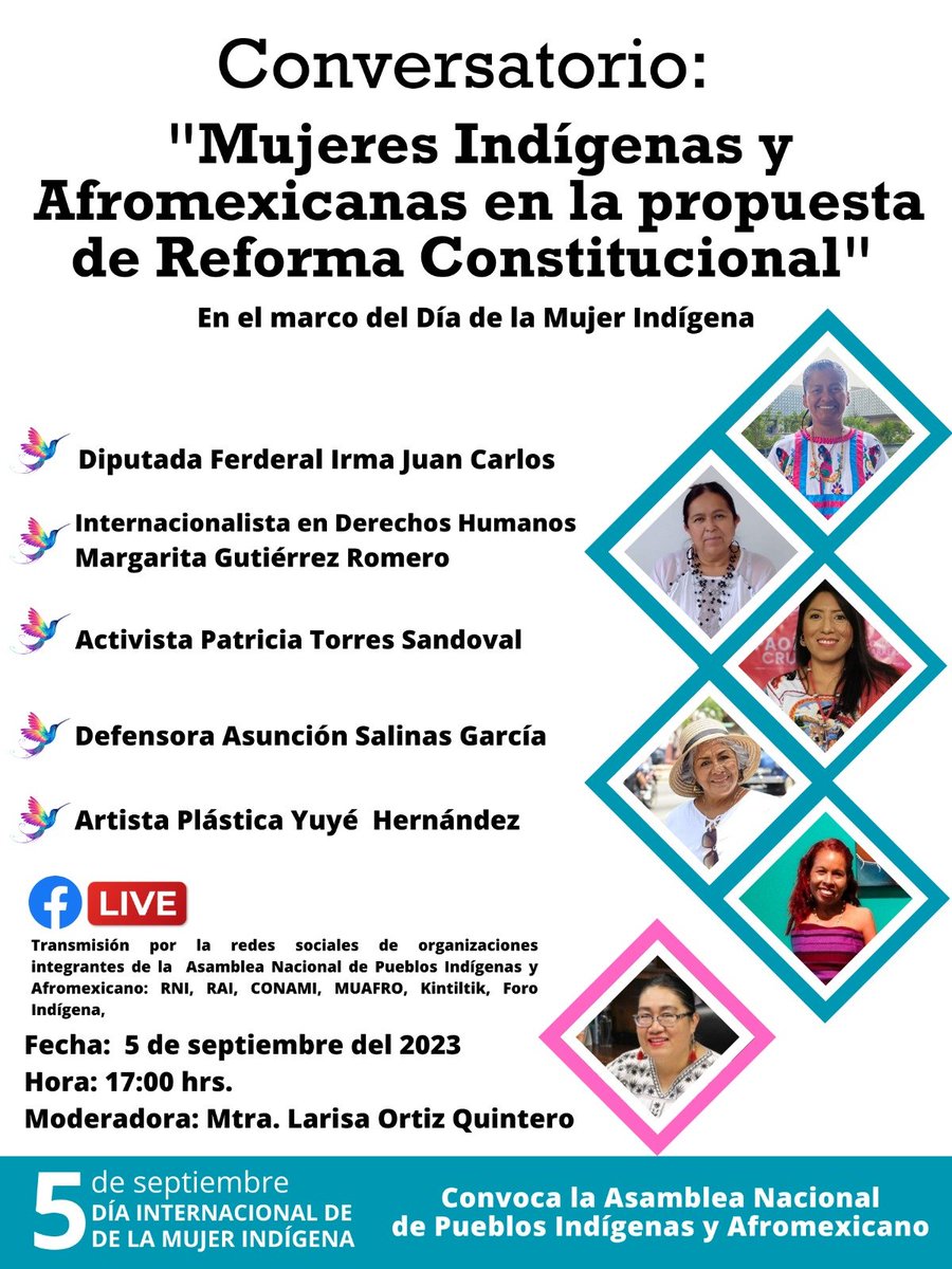🌟 Únete al Conversatorio 
🗓️ 5/sep/23 ⏱️ 5:00 PM CDMX
Escuchemos a mujeres compartir avances y retos sobre los derechos de las mujeres indígenas y afromexicanas. ¡No te lo pierdas! 💪🏽👩🏾‍🤝‍👩🏿
#DíadelaMujerIndígena
#SomosIndígenas
#SomosAfromexicanos
#ReformaConstitucionalIndigenaYa!