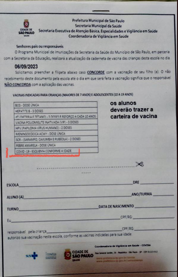 Então quer dizer que Ricardo Nunes, atual prefeito de São Paulo, está enviando uma ficha de cadastramento de vacinação do PNI a todos os pais, que inclui a obrigatoriedade da terapia gênica da Covid-19 a crianças e adolescentes? 

Ricardo Nunes, você e seu governo estão cientes