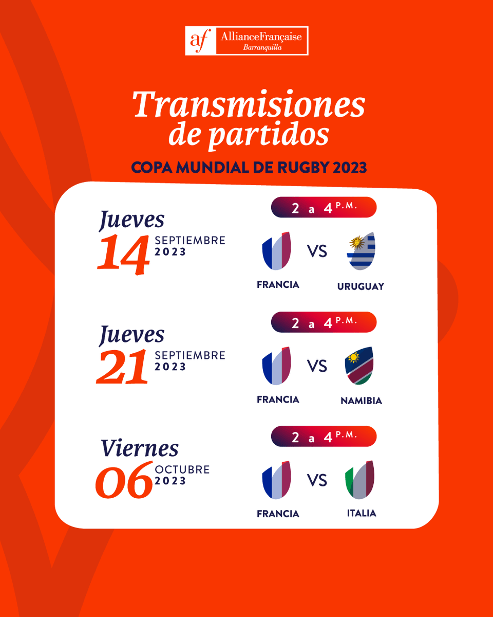 🏉🎉 ¡Prepárate para vivir el rugby en la #AFBarranquilla! 🏆🇫🇷🇳🇿No te pierdas nuestro Journée du rugby 🌟

¡Esperamos verte en cada momento emocionante de nuestra Journée du rugby! ¡No faltes a esta experiencia inolvidable! 🙌🏉🎊

Conoce más aquí lagenda.co/grandescitas/j…
