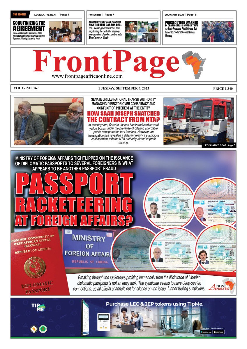 FPAfrica's tweet photo. EARLY EDITION: FrontPageAfrica’s Print Edition Cover for Tuesday, September 5, 2023. https://t.co/F8Mx68uRBY