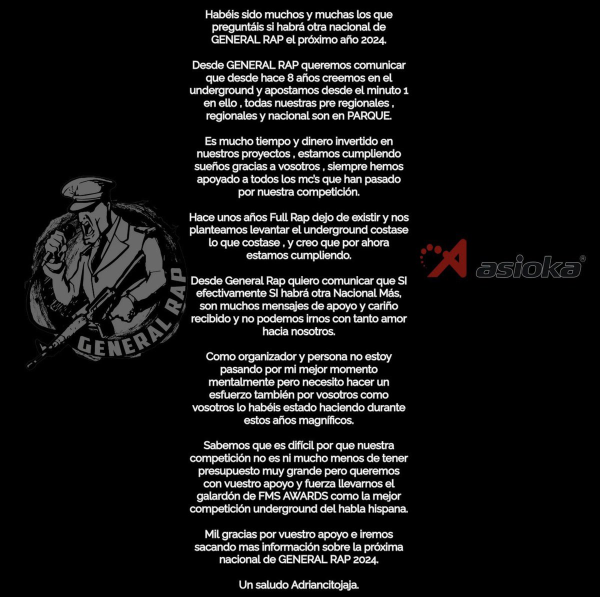 COMUNICADO OFICIAL SOBRE EL FUTURO DE GENERAL RAP