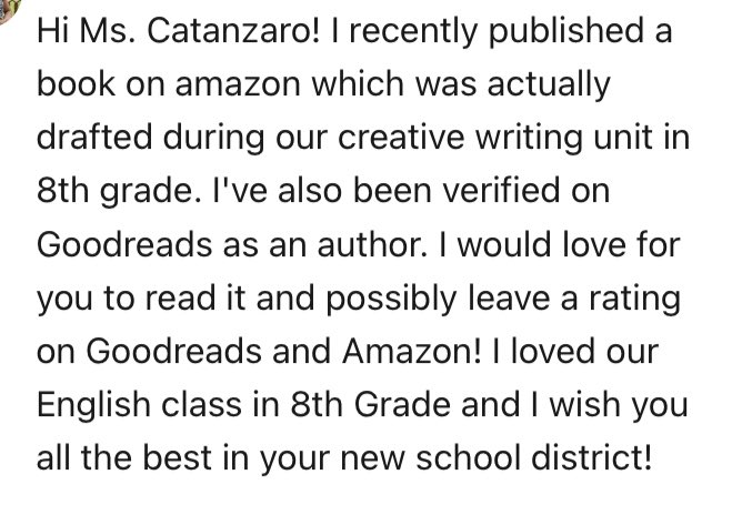 My former <a href="/GarnetValleySD/">Garnet Valley SD</a> student is now a verified <a href="/goodreads/">Goodreads</a> author!!  Her short story started in 8th ELA and can be found on Amazon!! A truly remarkable moment! I am so proud!!🤓

CHECK IT OUT ➡️ The Wanted: A Short Story a.co/d/h23Zwd9