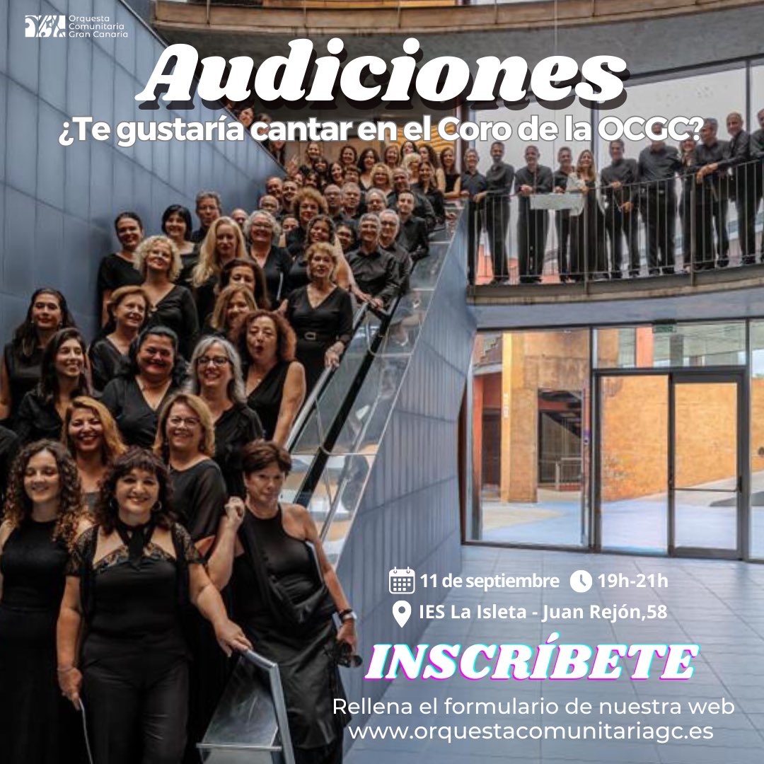 ¿Te gustaría cantar en el coro de la #OCGC? 🤩 El próximo lunes estaremos en el IES La Isleta realizando audiciones de acceso 🎶 Para participar, sólo tienes que rellenar el formulario de inscripción de nuestra web👇🏻

orquestacomunitariagc.es/index.php/ct-m…

Te esperamos 🥰🎶

#audiciones #music
