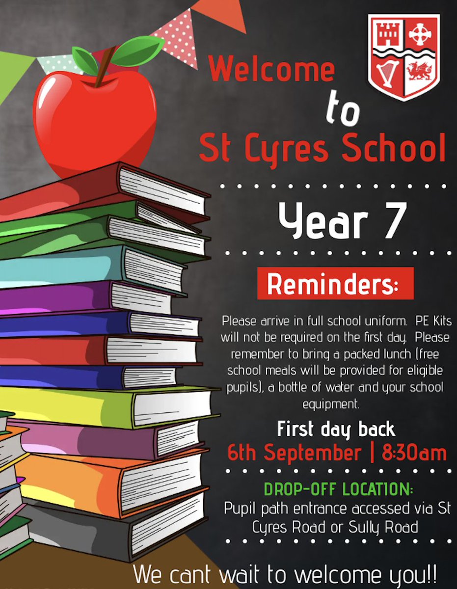 See information below for Year 7's starting on Wednesday 7th September. @MsHiraniU @StCyresSchool