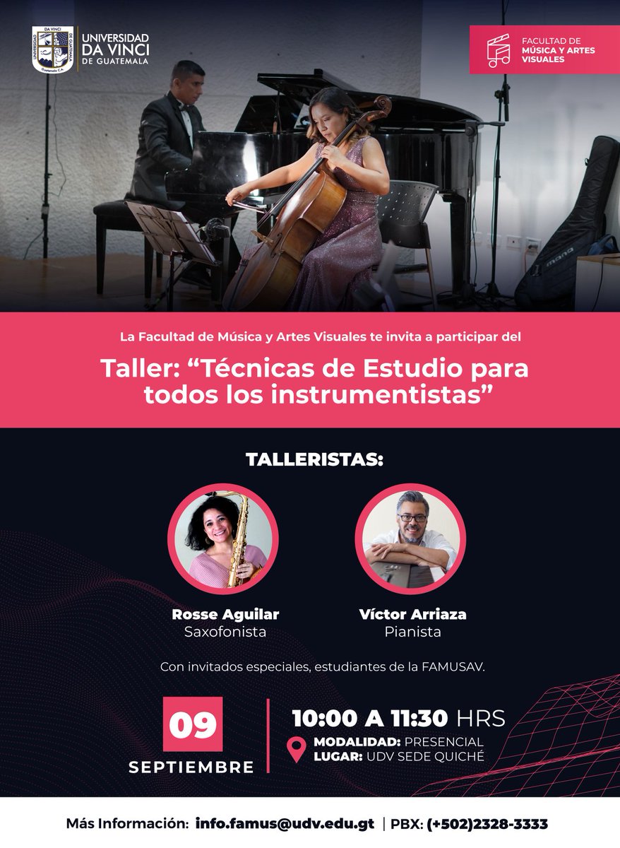 #SedeQuiché | La Facultad de Música y Artes Visuales te invitan a ser parte del #taller Técnicas de Estudio para Instrumentistas🎷🎺 Te esperamos este 9 de septiembre en las instalaciones de UDV a partir de las 10 hrs.